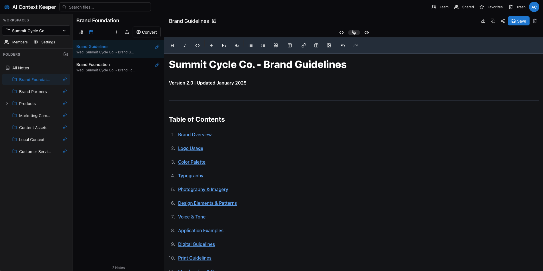 AI Context Keeper - Full application interface showing file management system with folders, notes, and rich text editor